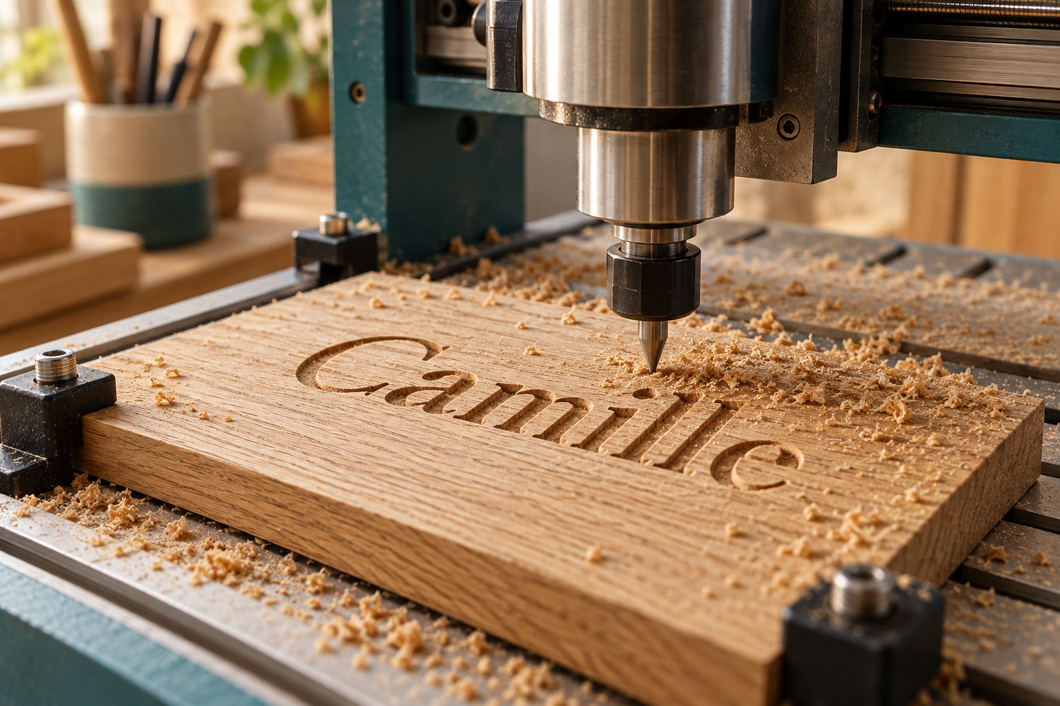 Illustration de gravure CNC dans le chêne