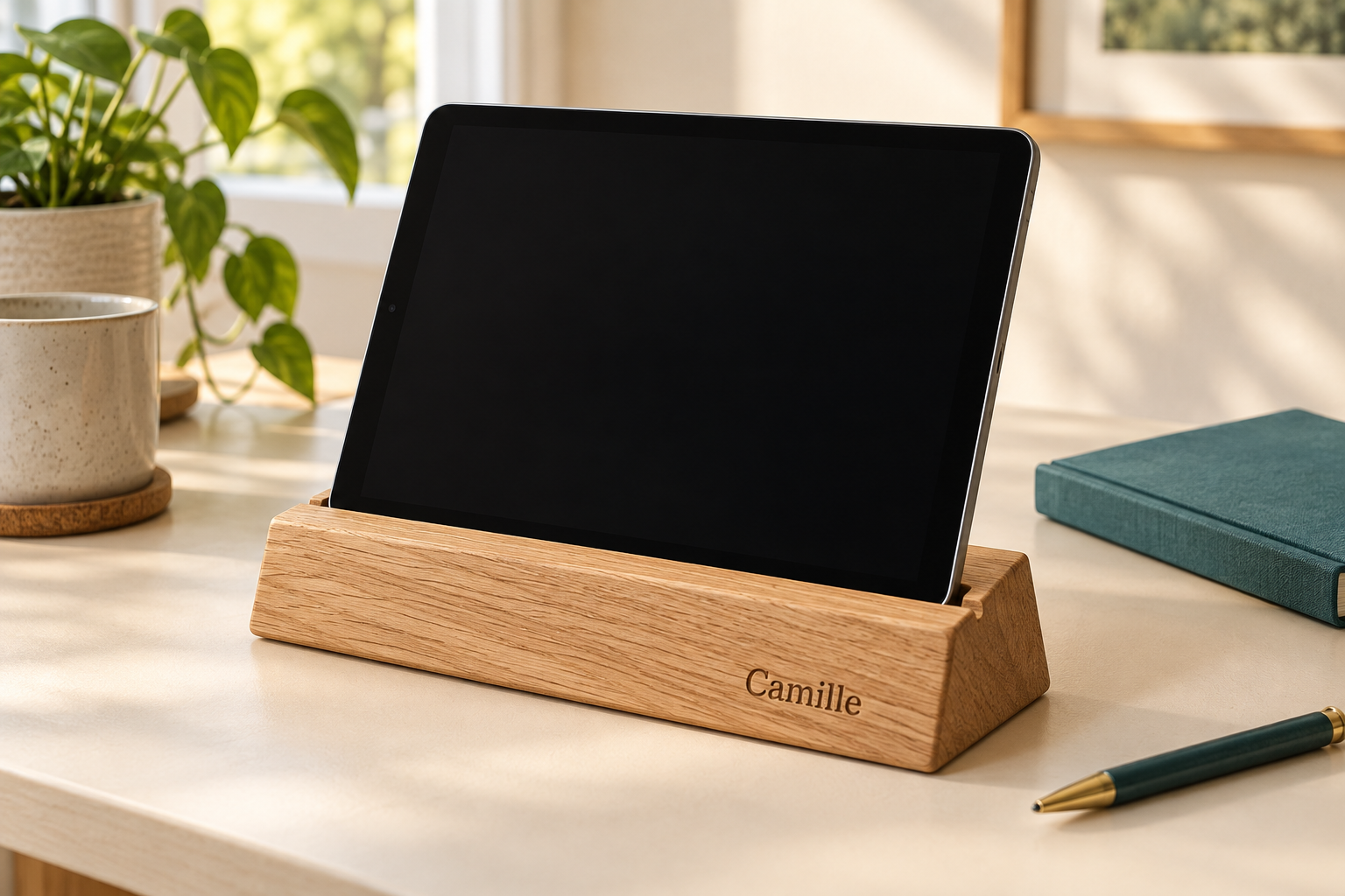 Exemple illustré de support tablette en chêne gravé Camille